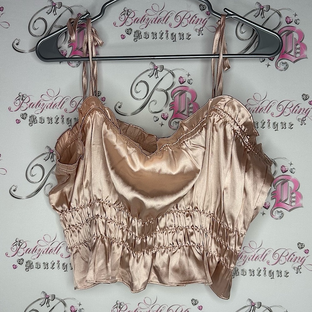 West of melrose tank top Satin Ruched Crop Top blush champagne rose shiny